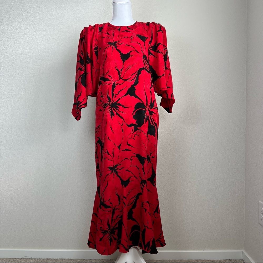 VTG 80s Nordstrom Silk Floral Dress Red Black Statement Midi Size 14 Old Money